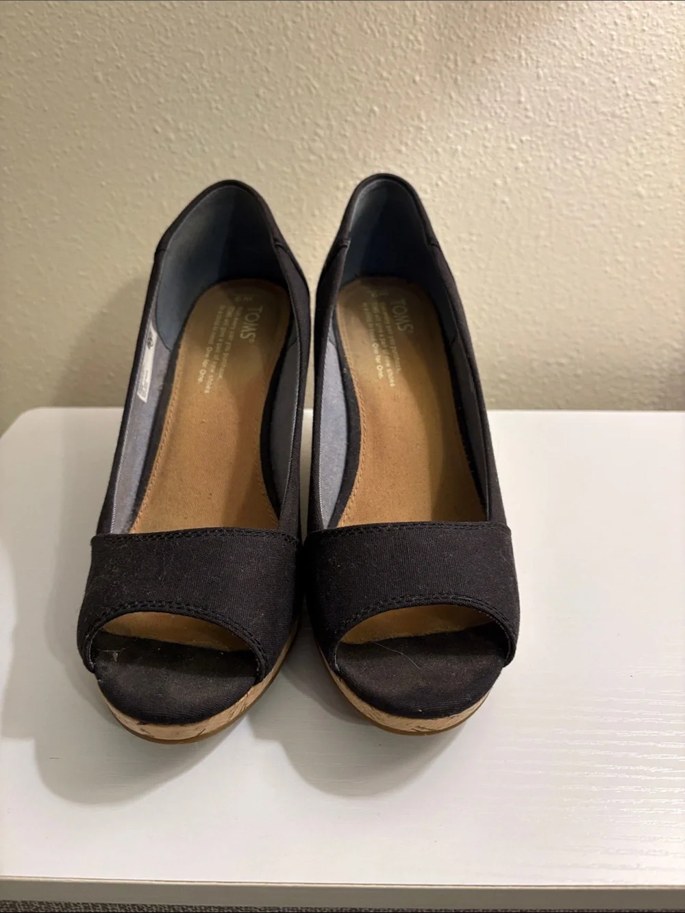 Toms Black Cork Wedge Peep-Toe Shoes